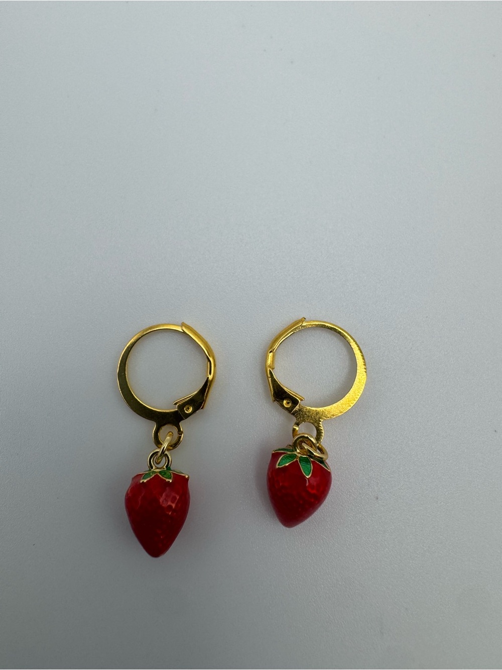 Handmade Gold Hoop Earrings with Red Strawberry Charms